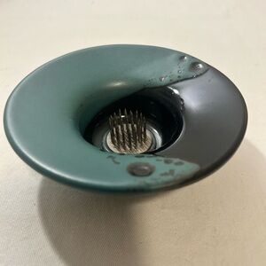 Ikebana Blue/green and black  Round Flat Vase Metal Flower Frog Pottery